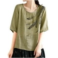thumbnail image 2 of Guzom Womens Retro Printed Embroidered Round Neck Short Sleeve Pull-On Blouse,Green,Size 3XL, 2 of 5