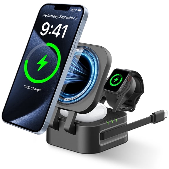 3 in 1 Charging Station for iPhone, Wireless Charger With Retractable Cable,Compatible for iPhone17 16 15 14 13 12, Apple Watch Wireless Charging Station & for AirPods 4 3 Pro