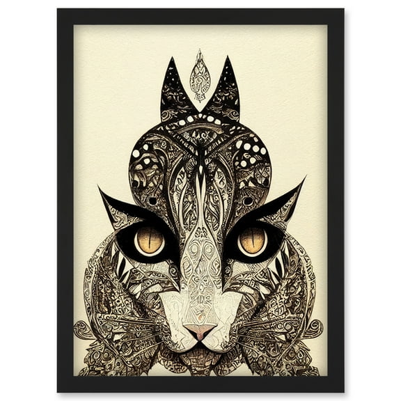 Tribal Cat Intricate Line Drawing Abstract Pencil Artwork Framed Wall Art Print A4