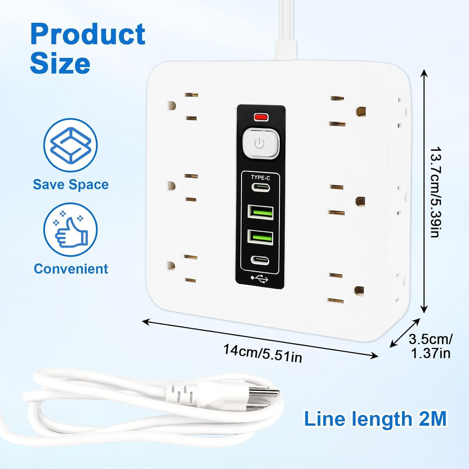 16-in-1 Power Strip with Switch & Surge Protection, 6.5FT Flat Plug Power Strip Surge Protector with 12 Outlets 2 USB & 2 Type-C Ports for Home Office