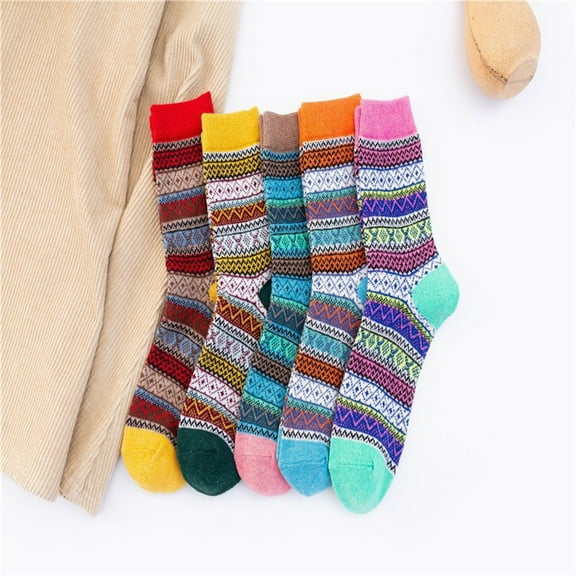 Oksale 5 Pairs Womens Vintage Print Boot Socks Thick Warm Winter Crew Socks Soft Comfortable Stocking Multicolor Free Size