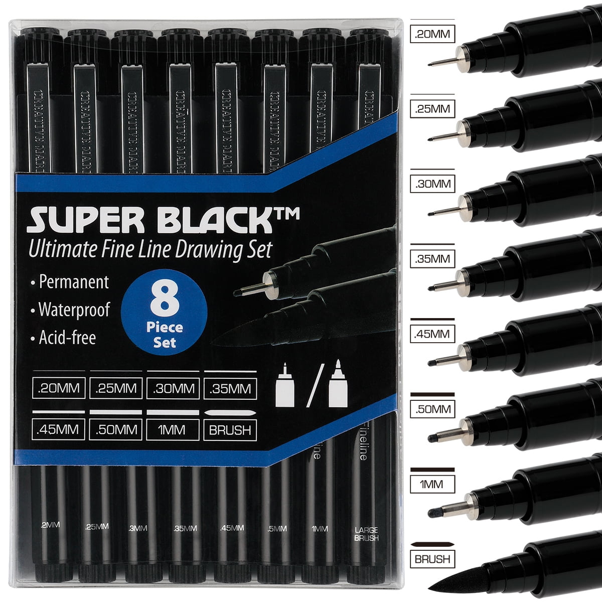 Super Black Permanent Fineliners Ultimate Line Drawing Set of 8 - 24 Pack