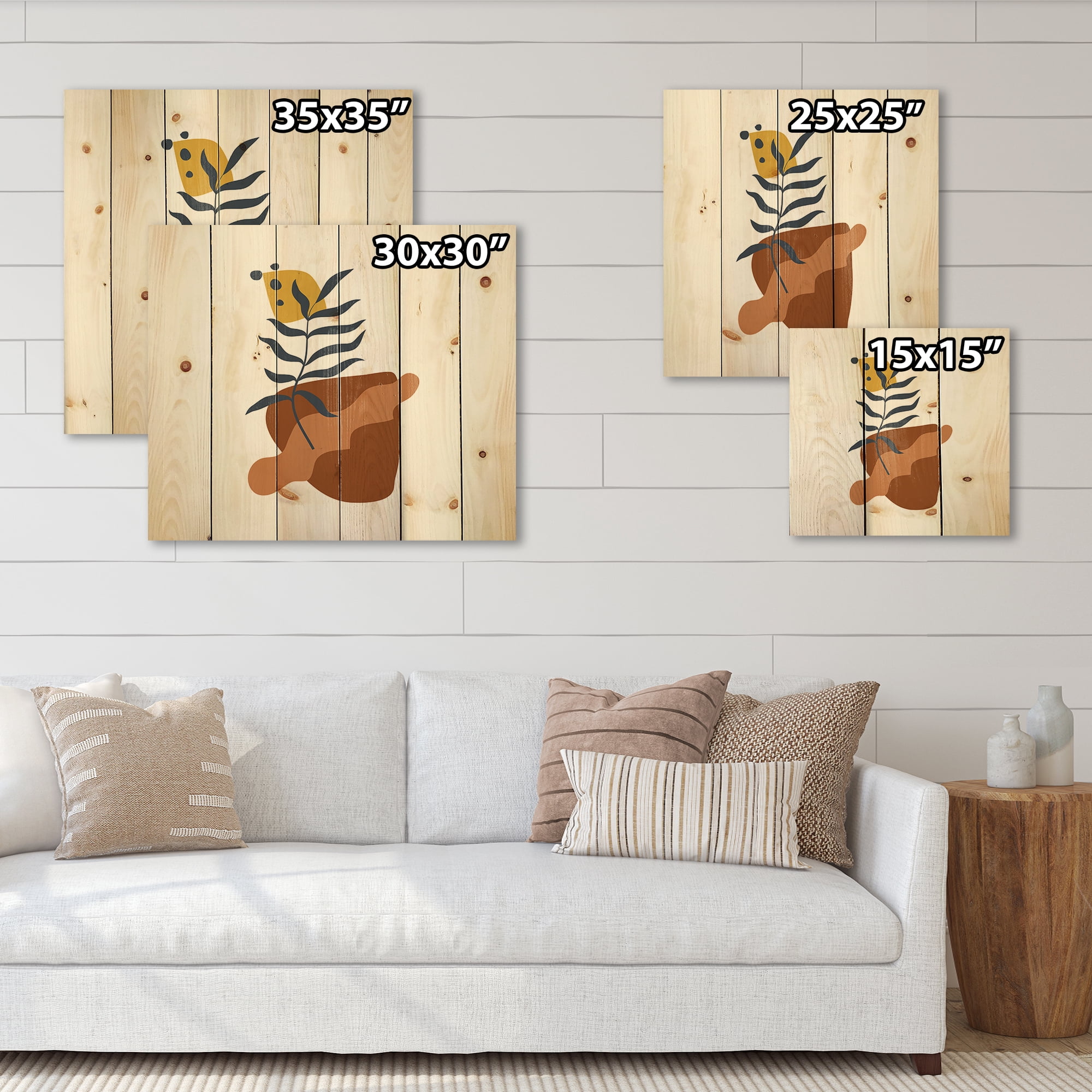 Designart 'Abstract Flowers Plants With Elementary Shapes VI' Modern Print on Natural Pine Wood