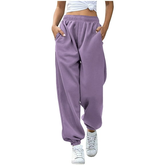 LEBONYARD Clearance Pants for Women under $5,Women's Fashion Casual Solid Elastic Waist Trousers Long Straight Pants Purple S