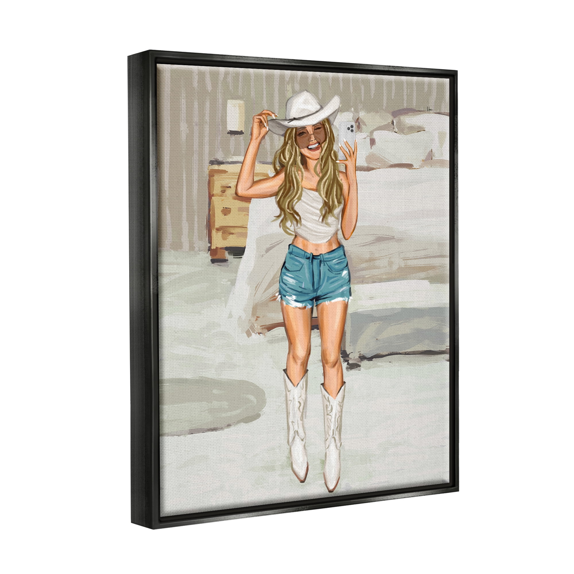 Stupell Industries Cowgirl Selfie Portrait Beauty & Fashion Painting Black Floater Framed Canvas Art Print Wall Art, 25 x 31