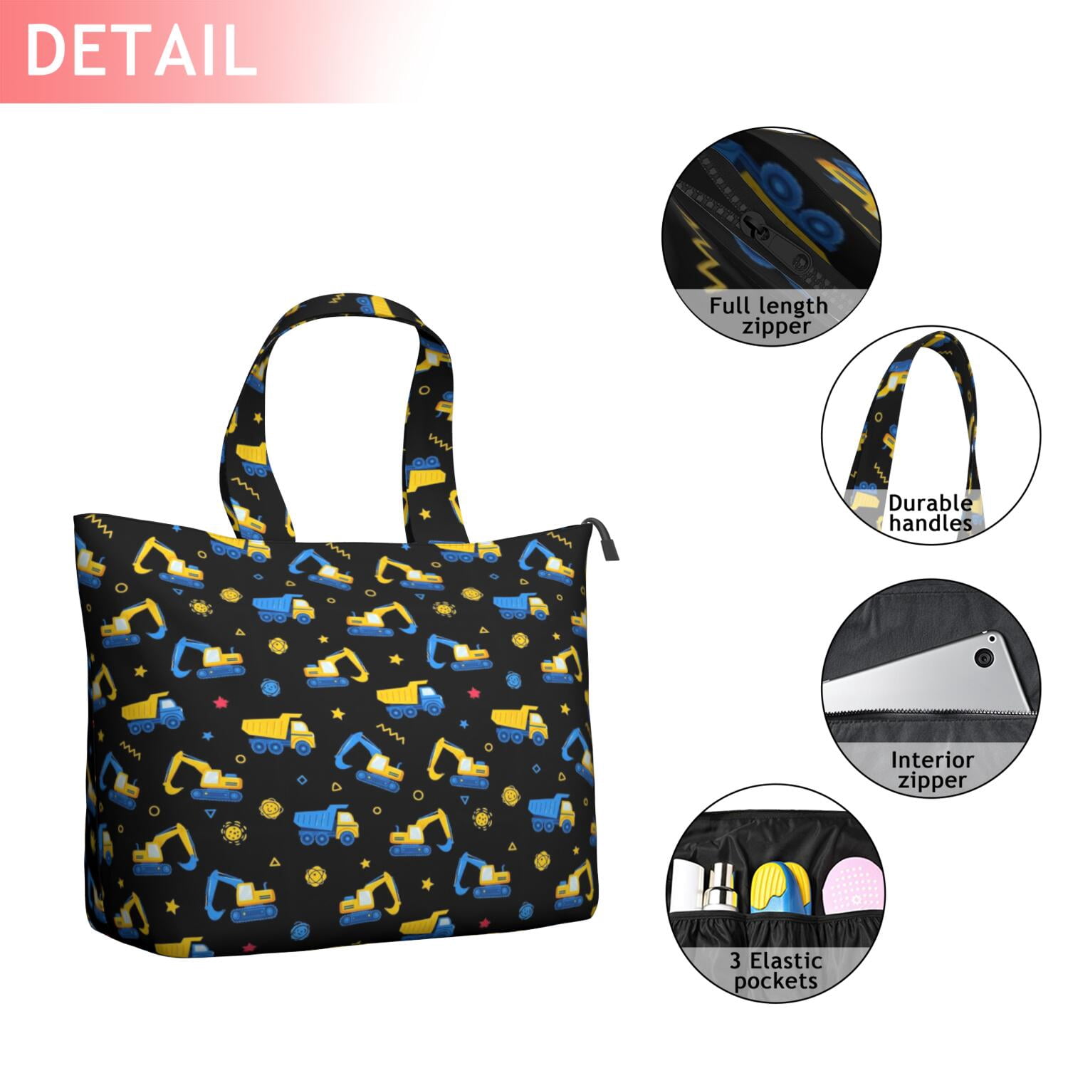 Cartoon Construction Vehicles Stars Black Pattern Travel Tote Bags for Women Carry On,Large Weekender Bags for Women Travel,Multi Functional Duffle Bag for Work,Shopping,Sports