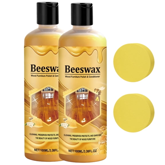 Beeswax Wood Furniture Polish & Conditioner 2 Pack, 3.38 fl oz Natural Wood Cleaner for Tables, Cabinets, Floors - Restores & Protects, Includes 2 Sponges