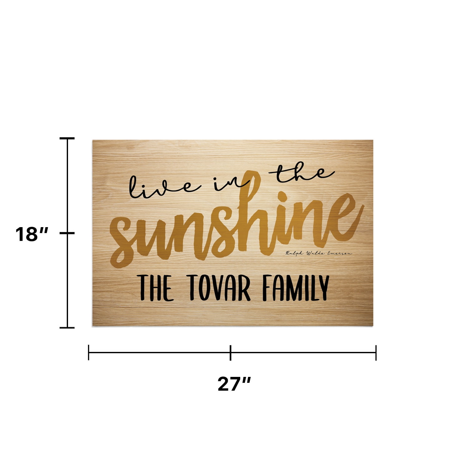 Personalized Planet 27x18 Ralph Waldo Emerson Live in The Sunshine Doormat with Custom Family Name Printed on Light Brown Rectangular 1/4” Thick Non Slip Mat for Kitchen Hallway Deck or Porch