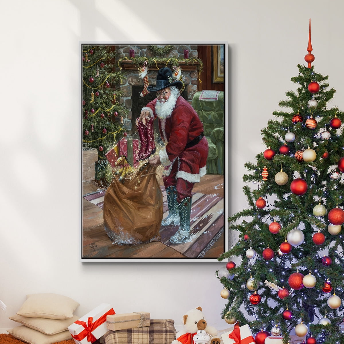New Boots for Christmas - Framed Gallery Wrapped Holiday Canvas - 27 x 41 - White Frame
