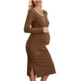 thumbnail image 3 of Efsteb Women Long Sleeve Maternity Dress Solid Color Pregnancy Midi Dresses Ruch Side Stretchy Pregnancy Clothes（Coffee,L）, 3 of 5