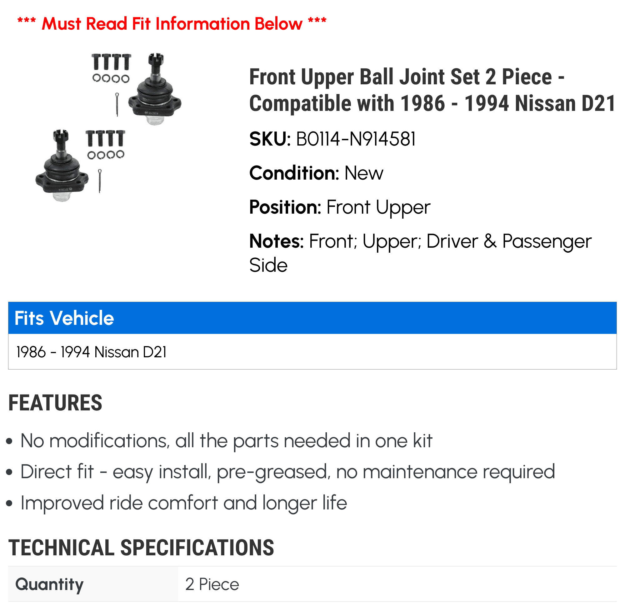 Front Upper Ball Joint Set 2 Piece - Compatible with 1986 - 1994 Nissan D21 1987 1988 1989 1990 1991 1992 1993