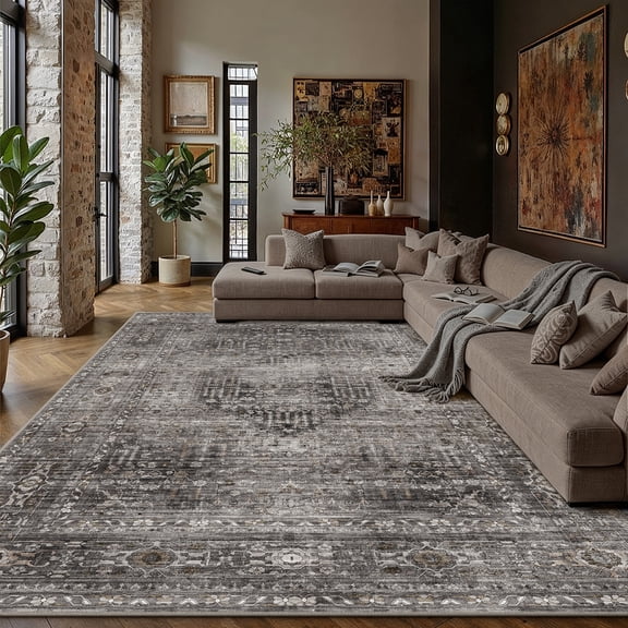 BERTHMEER 8'x10' Area Rugs for Living Room Bedroom Vintage Brown Carpets Kitchen Office Machine Washable Farmhouse Dining Room Oriental Rugs Non Slip Traditional Distressed Rugs