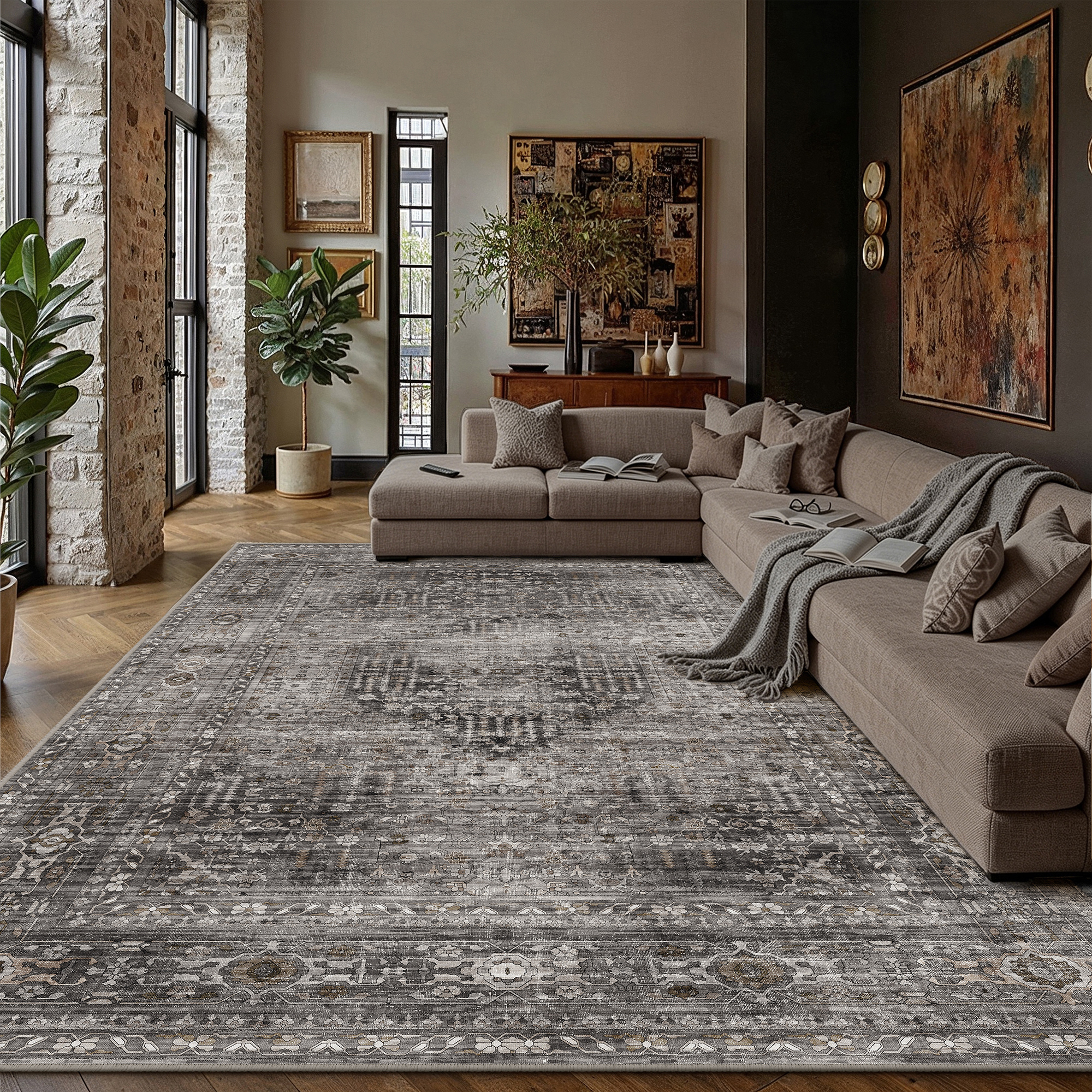 BERTHMEER 8'x10' Area Rugs for Living Room Bedroom Vintage Brown Carpets Kitchen Office Machine Washable Farmhouse Dining Room Oriental Rugs Non Slip Traditional Distressed Rugs