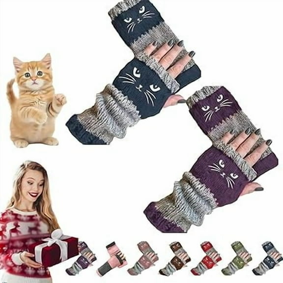 Knitted Fingerless Gloves, Women’s Knitted Fingerless Gloves with Cat, Warm & Fashion(2pcs-a)