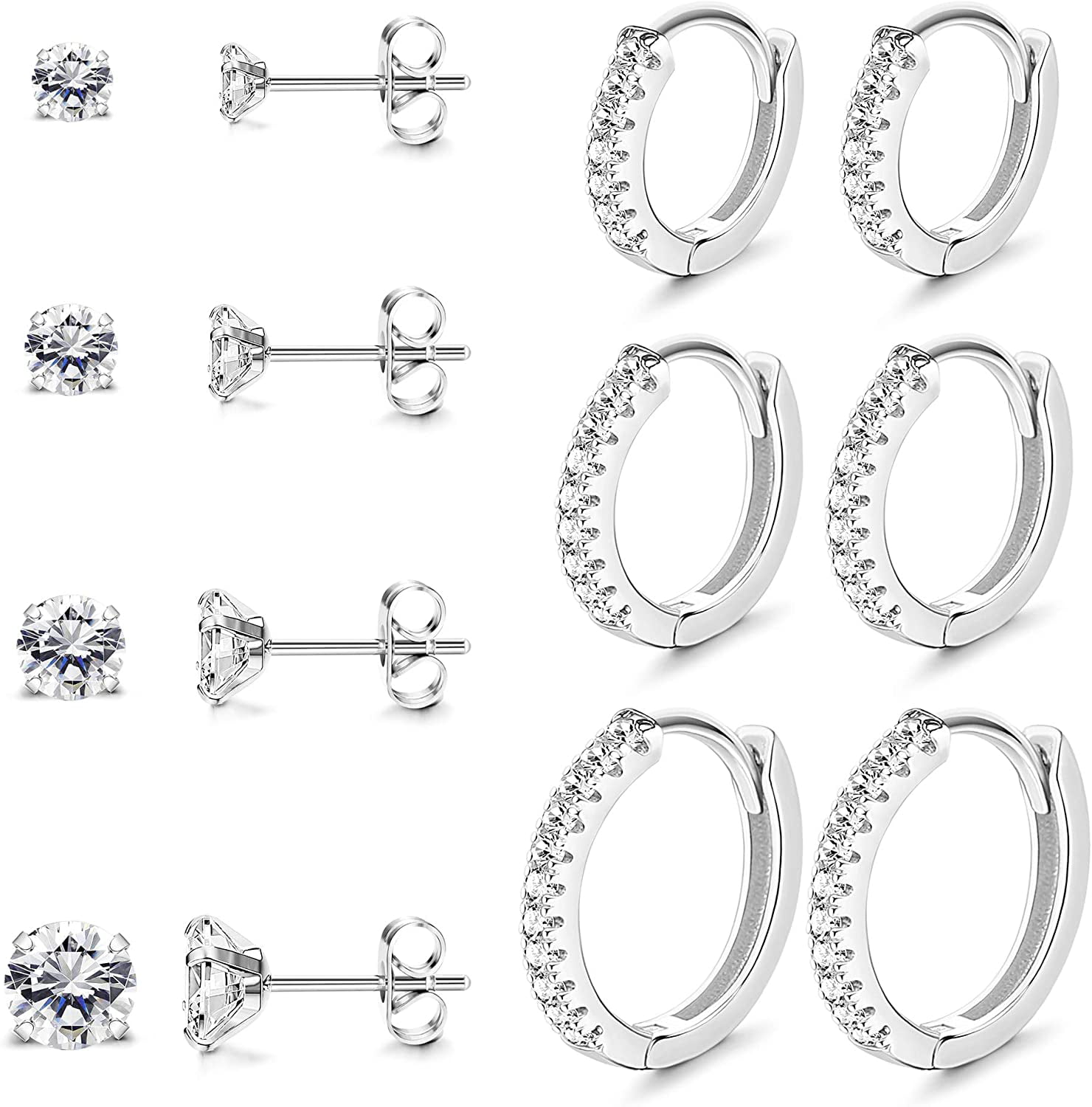 Thunaraz 12 Pairs Stainless Steel Black White Stud Earrings for Men Women Cool CZ Ear Piercing Earring Jewelry 3-8MM 
