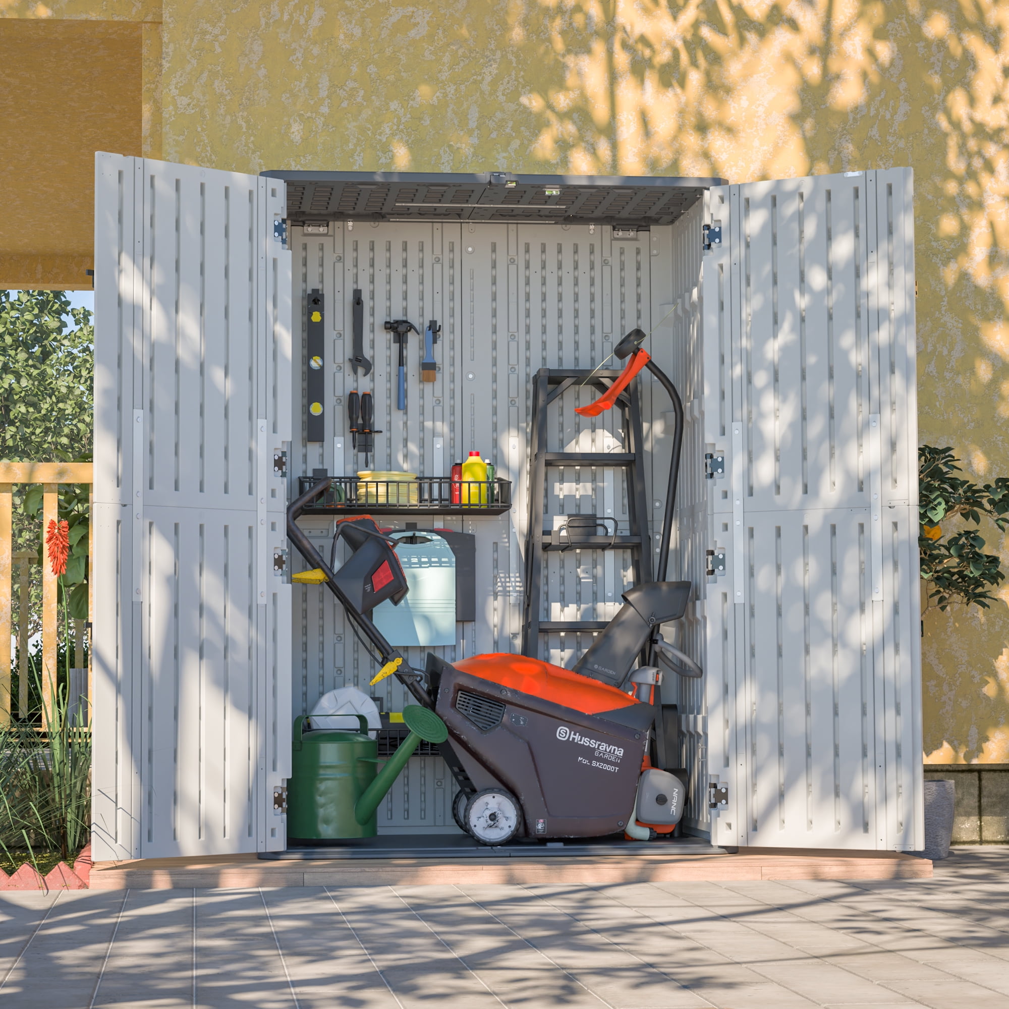 LZBEITEM 61 Cu ft Outdoor Horizontal Storage Sheds, Weather Resistant Resin Tool Shed, Multi-Opening Door, Storage of Garden Tools, pool accessories, Waterproof, Lockable, 52.36"L x 29.7"W x 74.25"H