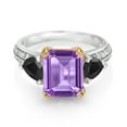 thumbnail image 2 of Gem Stone King 925 Sterling Silver and 10k Yellow Gold Purple Amethyst and Black Onyx 3 Stone Engagement Ring for Women (4.41 Cttw, Octagon Cut 10X8MM, Size 8), 2 of 4