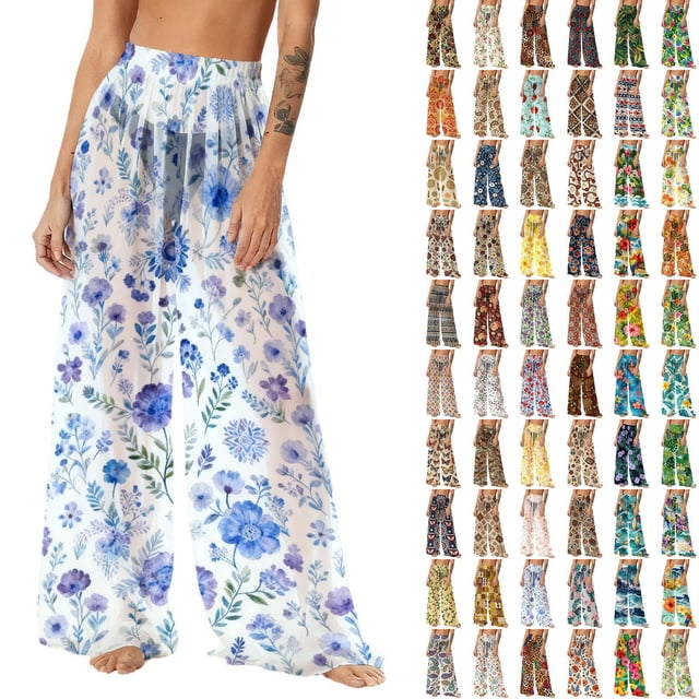 Pincandy Women See Through Sheer Mesh Pants Beach Swimsuit Bikini Bottom Cover up Party Club Elastic High Waist Wide Leg Pants