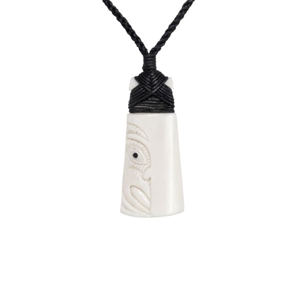 81stgeneration Women's Men's Hand Carved Bone Engraved Maori Warrior Face Toki Pendant Necklace