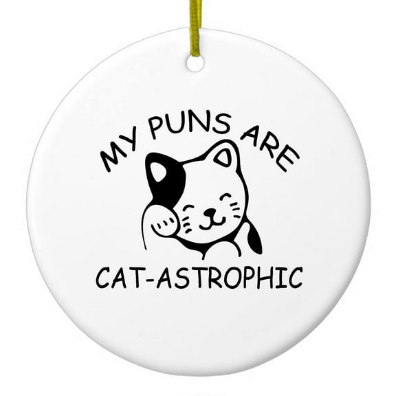 DistinctInk Hanging Ceramic Christmass Tree Ornament with Gold String - Great Gift / Present - 2 3/4 inch diameter - My Puns Are Cat-Astrophic