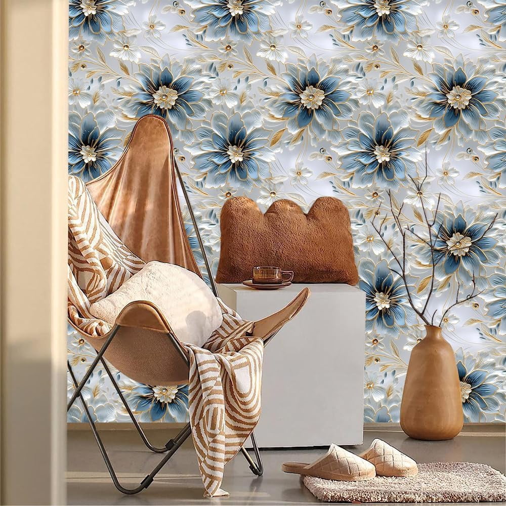 White Blue Grey Peony Floral Vintage Peel and Stick Wallpaper Contact Paper Vinyl Stick on Wall Paper for Bedroom Bathroom Kitchen Cabinet Renter Friendly