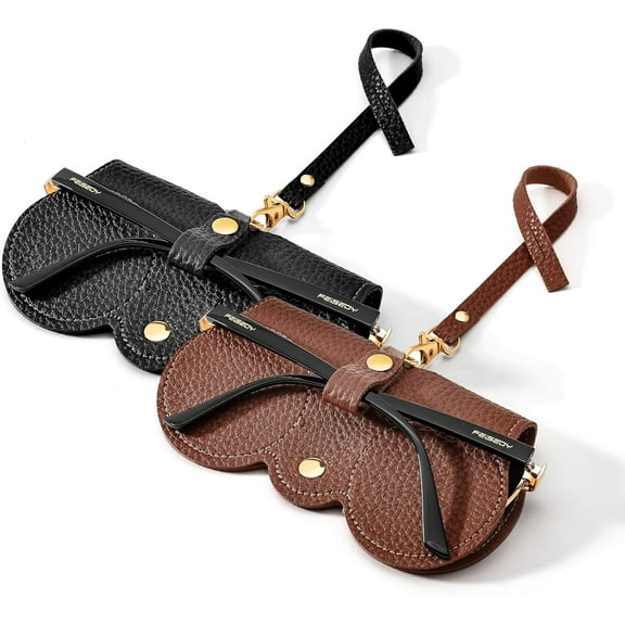 FEISEDY 2Pack Soft Leather Sunglass Bag, Holder Eyeglasses Case, Portable Glasses Pouch With Button Clip Wrist Strap B0049
