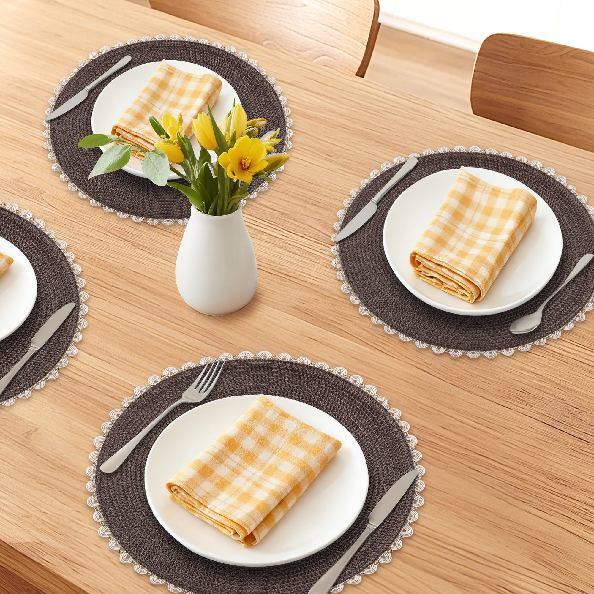 Unique Bargains Round Placemats Set of 6 Woven Table Mats Coffee 15.7x15.7inch