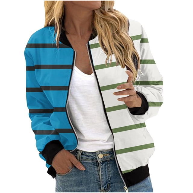 vdgthytj Womens Striped Bomber Jackets Zip up Long Sleeve Fall Coats Fashion Color Block Outwear with Pockets