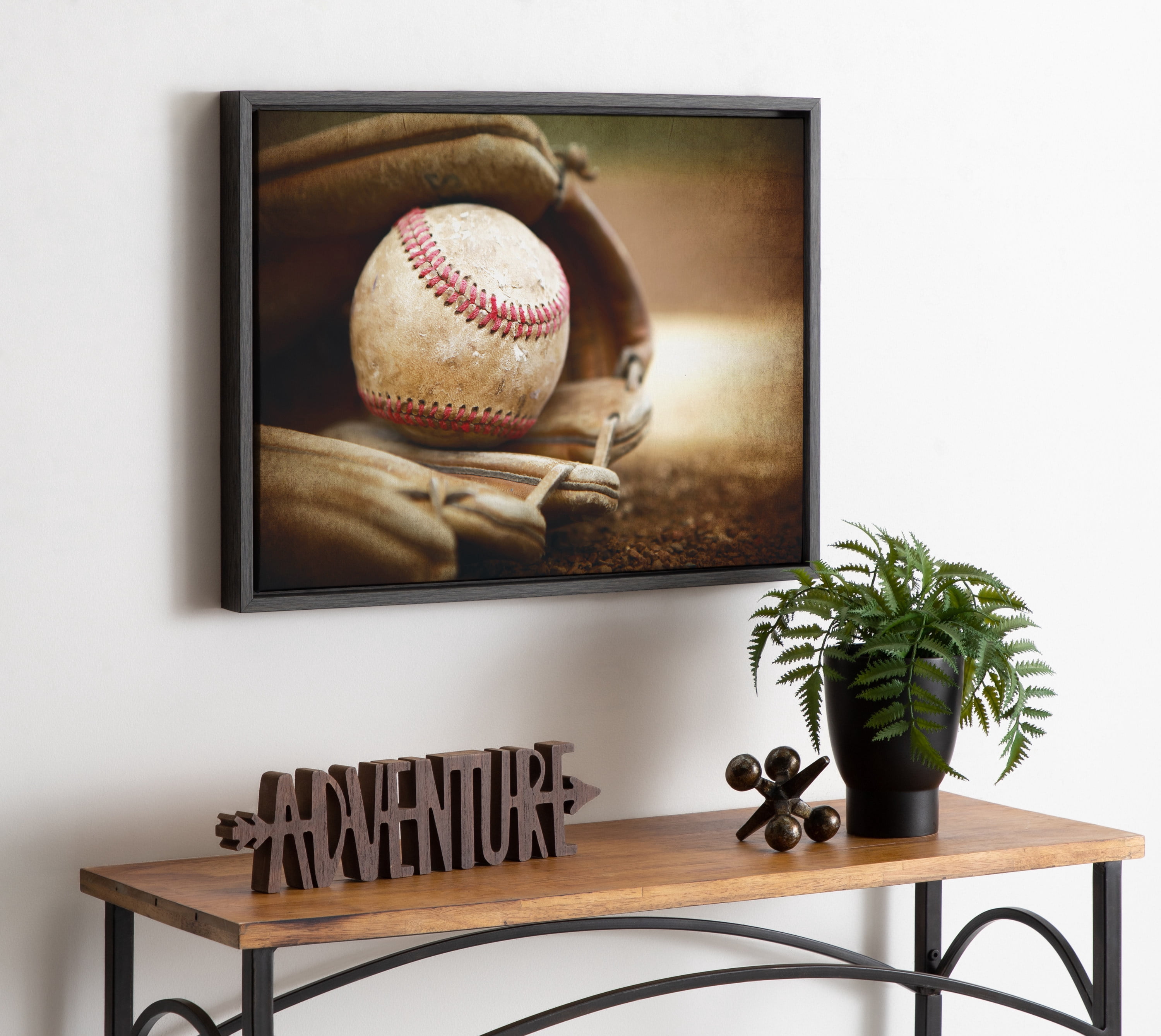DesignOvation Sylvie Baseball Glove at Home Plate Framed Canvas By Shawn St. Peter, 18x24 Dark Grey, Transitional Sports Wall Decor For Office, Bedroom, Or Living Room