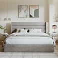 thumbnail image 3 of Amolife King Size Bed Frame, Lift Up Storage Platform Bed with Fabric Upholstered Panel Wingback Headboard, Beige, 3 of 13