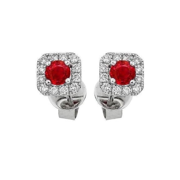 2.40 CT Red Ruby & Diamond Stud Halo Earring, 14K White Gold
