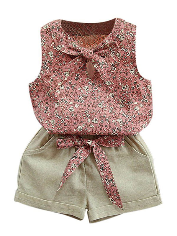 MetCuento Little Baby Girls Outfits Summer Letter Floral Pattern T-Shirt Tank Tops Bowknot Skirt Dress Set 1-7 Years