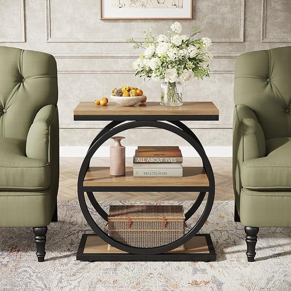 Table d'Appoint avec 4 Étagères de Rangement, Table d'Appoint en Bois avec Cadres en Métal Noir