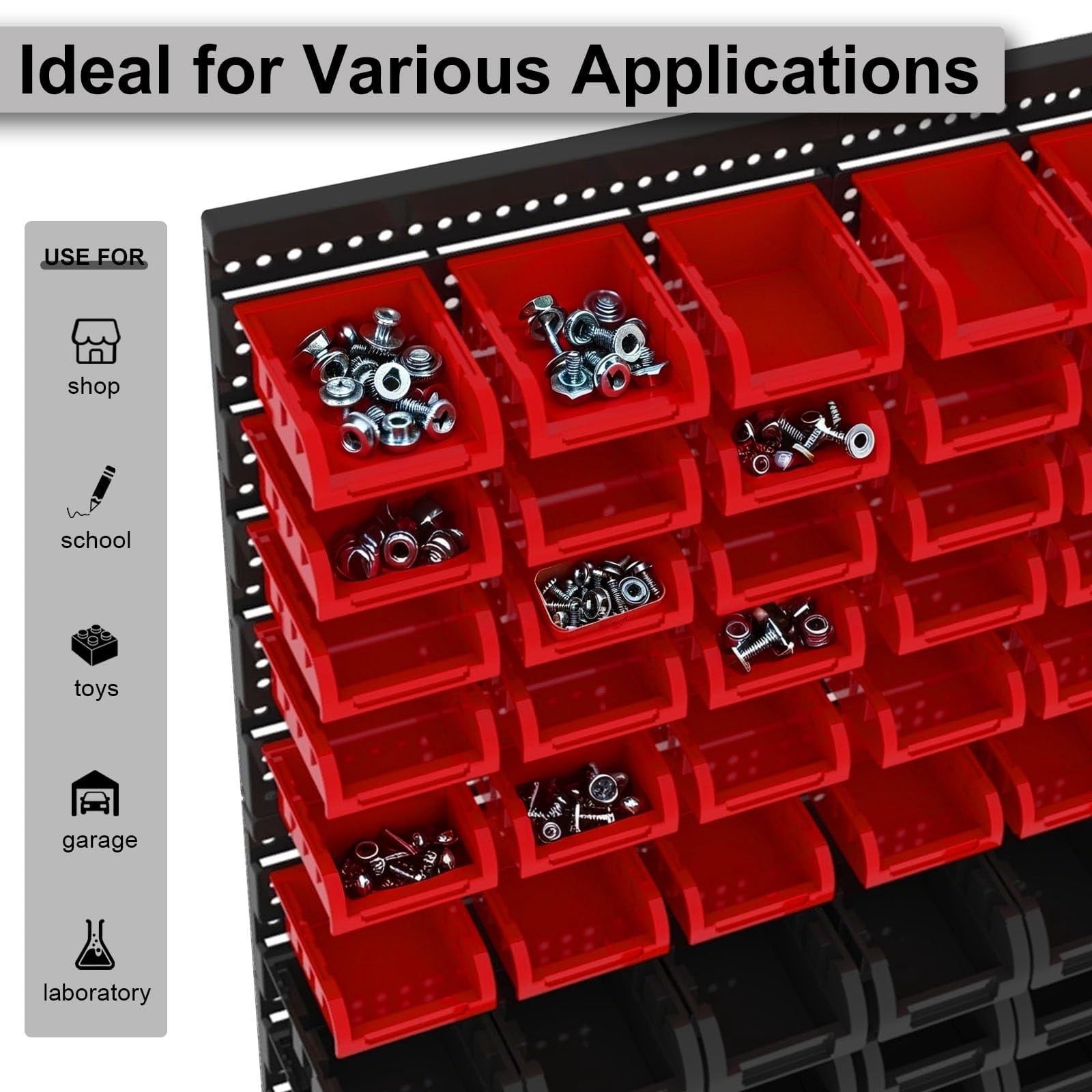 60 PCS Wall Mounted Storage Bins Organizer, Large Plastic Nut & Bolt Organizer with Pegboard, Screw Storage Bins for Garage, Workshop, Hardware, Crafts (Red & Black)