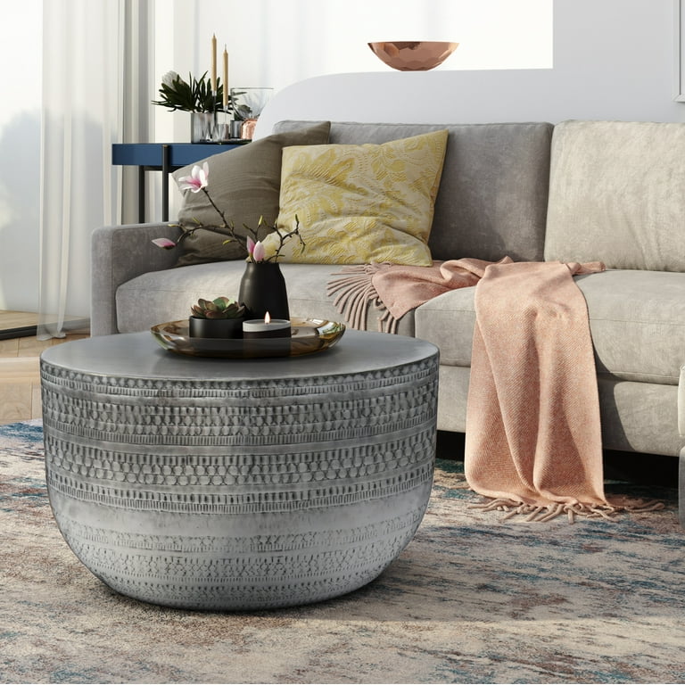 Simpli Home Johnsen Boho 30 in. W Round Metal Coffee Table in Antique Silver Fully Assembled