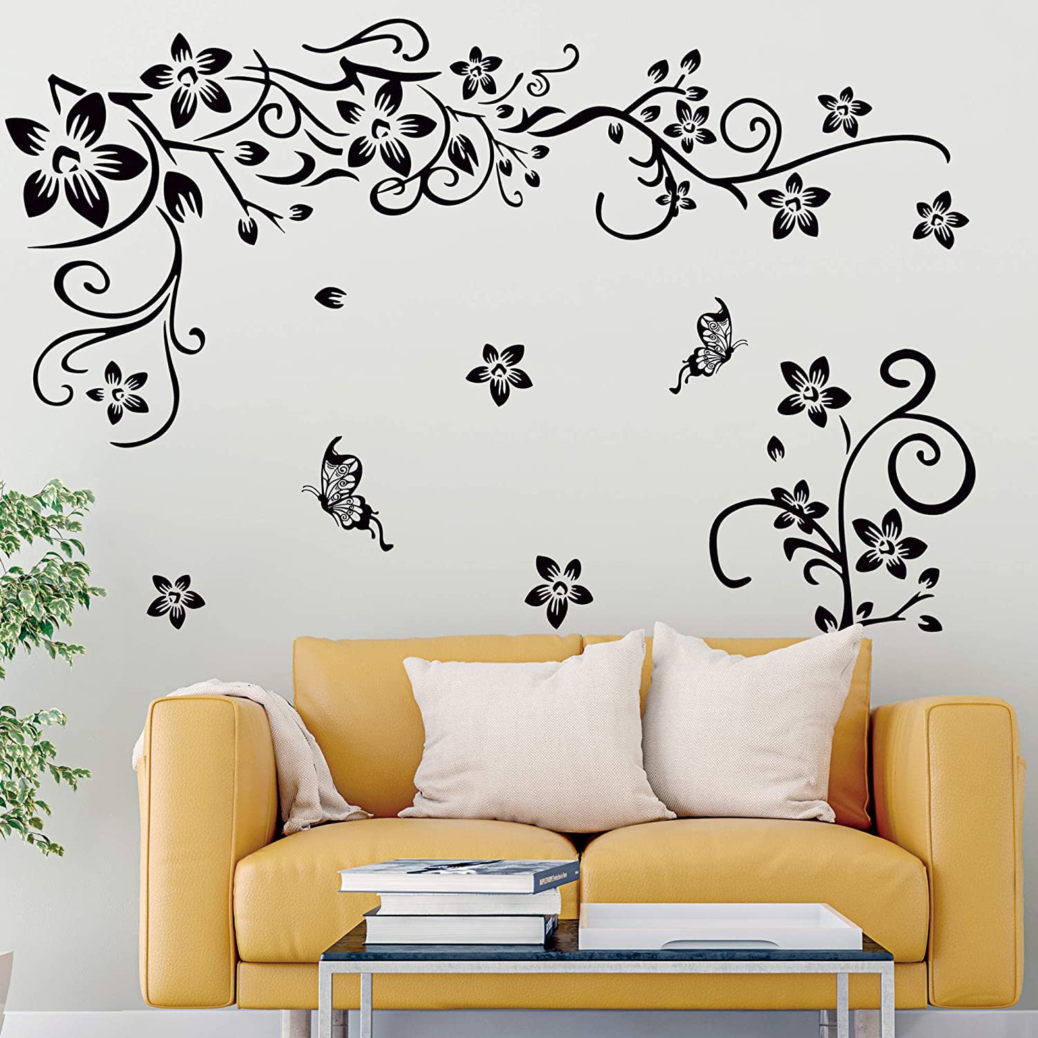 Removable Black Flower Vines Wall Decal Butterfly Wall Stickers