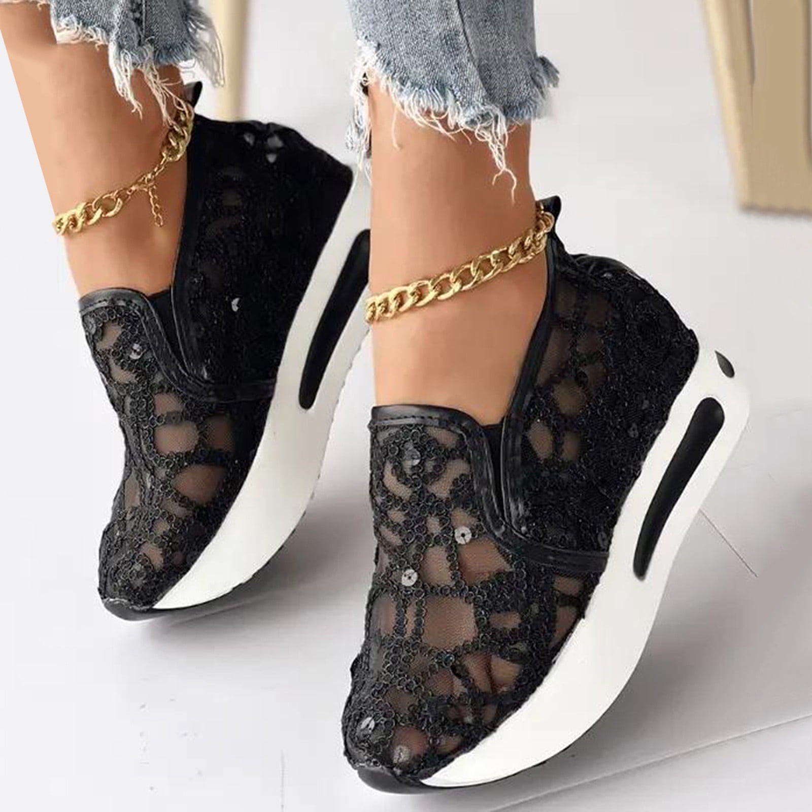 Dakaela Platform Wedge Sneakers for Women Hidden High Heels Slip on Loafers Walking Work Shoes Black 8.5