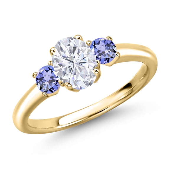 Gem Stone King 10K Yellow Gold White Moissanite and Blue Tanzanite Engagement Ring for Women | 1.26 Cttw | Oval 7X5MM | Gemstone Birthstone | Size 6