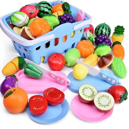 Fun Little Toys 30 Pieces Pretend Play Plastic Play Food Set  Fruits & Vegetables (Multi-color)
