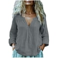 thumbnail image 2 of Endives Cotton Linen Shirts For Women V Neck Long Sleeve T Shirt Tee Casual Thin Breathable Blouses Summer Vacation Tops Grey, 2 of 7