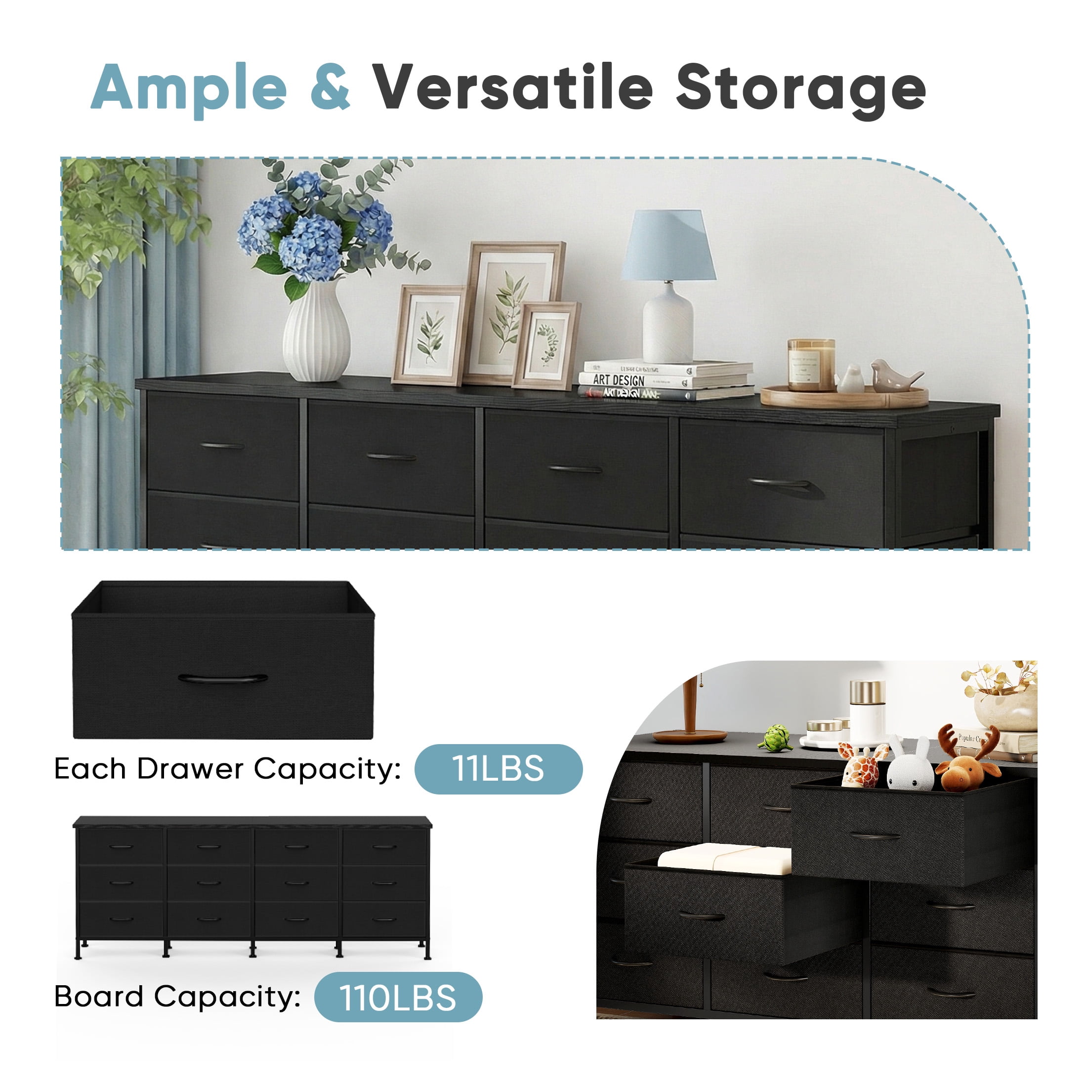 CONCETTA 12 Drawer Storage TV Dresser, Metal Frames Resist Deformation, Adjustable Feet Prevent Tipping, Accommodates TV Up to 80 inch, Suitable for Living Room,Black