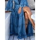 thumbnail image 3 of Vestido largo de mezclilla para mujer, vestido largo irregular con cuello redondo, vestido elegante informal de fiesta de manga larga, vestido liso con abertura y volantes, 3 of 4