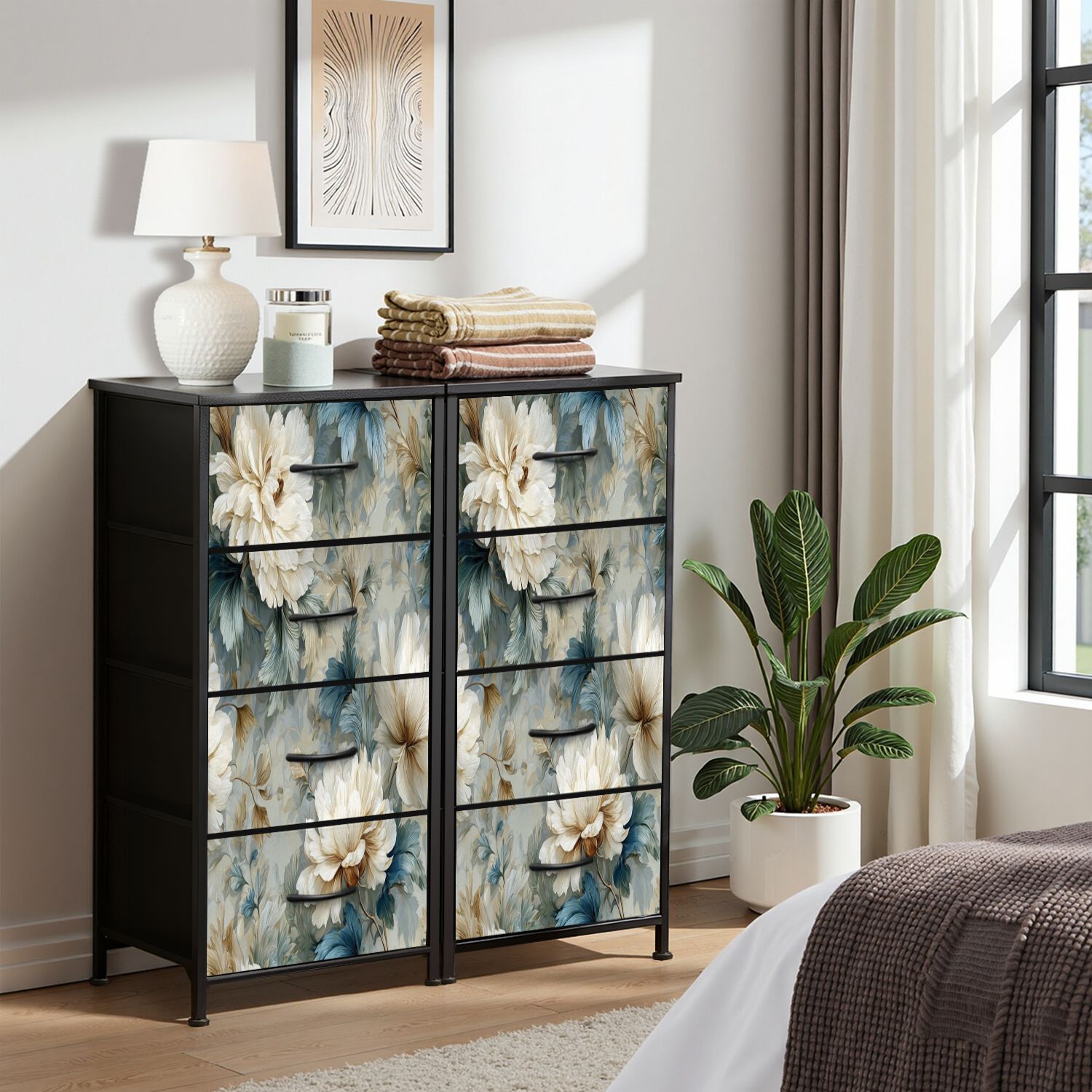 Vintage Dresser for Bedroom with 4 Storage Drawers Elegant Cream Peony Flowers Blue Beige Leaves Vintage Floral Dressers Chest of Drawers Steel Framed Fabric Closet Organizers for Nursery Entryway
