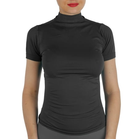 AllyCat Women Short Sleeves Mock Neck Turtleneck Top Stretchy Side Ribbed Slim Fit Tight