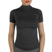 AllyCat Women Short Sleeves Mock Neck Turtleneck Top Stretchy Side Ribbed Slim Fit Tight Shirts