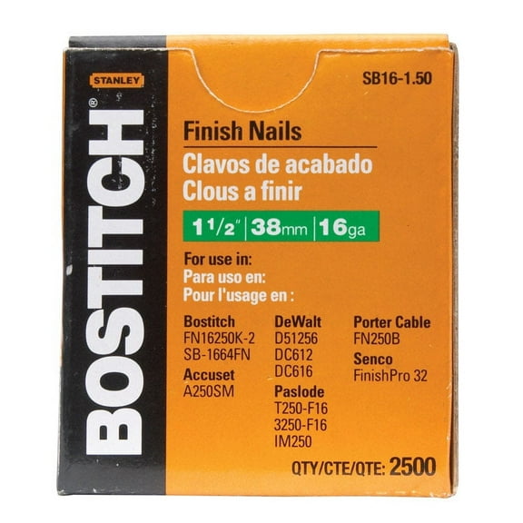 Bostitch Stanley SB16-1.50 1-1/2" Coated 16 Gauge Straight Finish Nails 2,500 Count