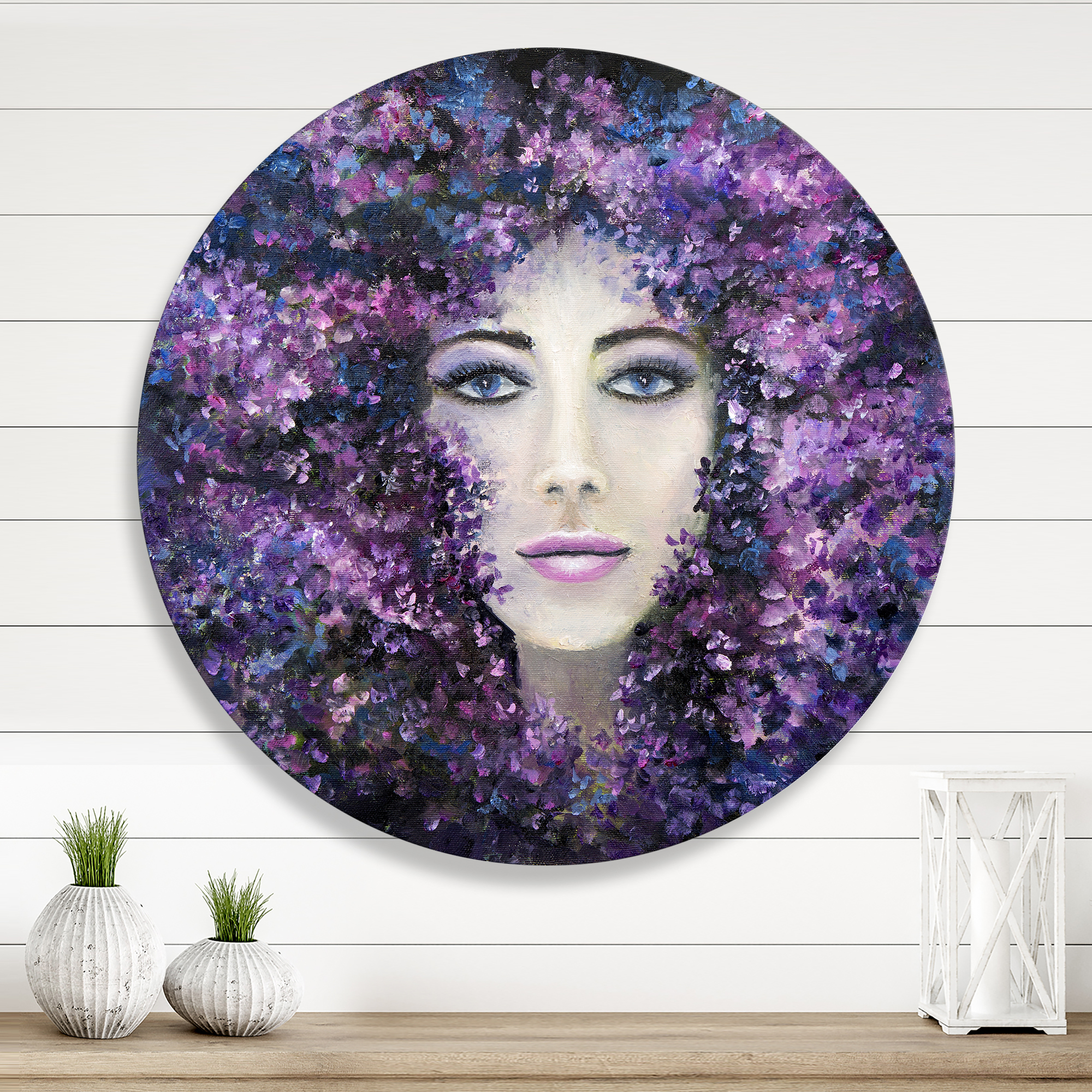 Designart 'Portrait of A Lady With Purple Lavender Flowers' Modern Circle Metal Wall Art 11x11 - Disc of 11