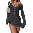 thumbnail image 3 of Robe de Plage Mini au Crochet à Manches Longues pour Femme, Cache-Maillot, Noir, P, 3 of 9