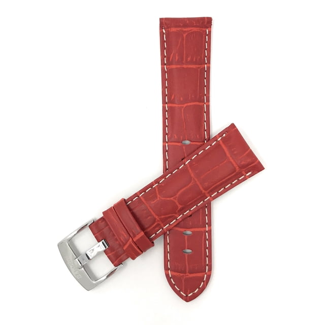 24mm Mens' Alligator Style Leather Watch Strap Band, White Stitching, Stainless Steel Buckle
