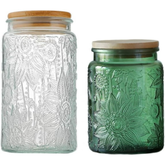 Vintage Glass Jar, Airtight Glass Storage Jar with Bamboo Lid Glass Food Storage Containers for Kitchen Counter, Pantry, Decorative Jar for Coffee, Tea, Sugar, Candy Jar Cute Jar